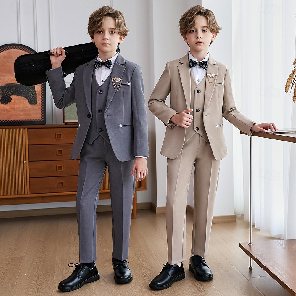 Costume de garçon d'honneur 6 pièces avec blazer &gilet & pantalon  & chemise  &Costume garçon avec cravate, élégant et décontracté, idéal pour les fêtes en extérieur. Couleur unie, noir, kaki, gris, de 2026 ? $77.99 –P7