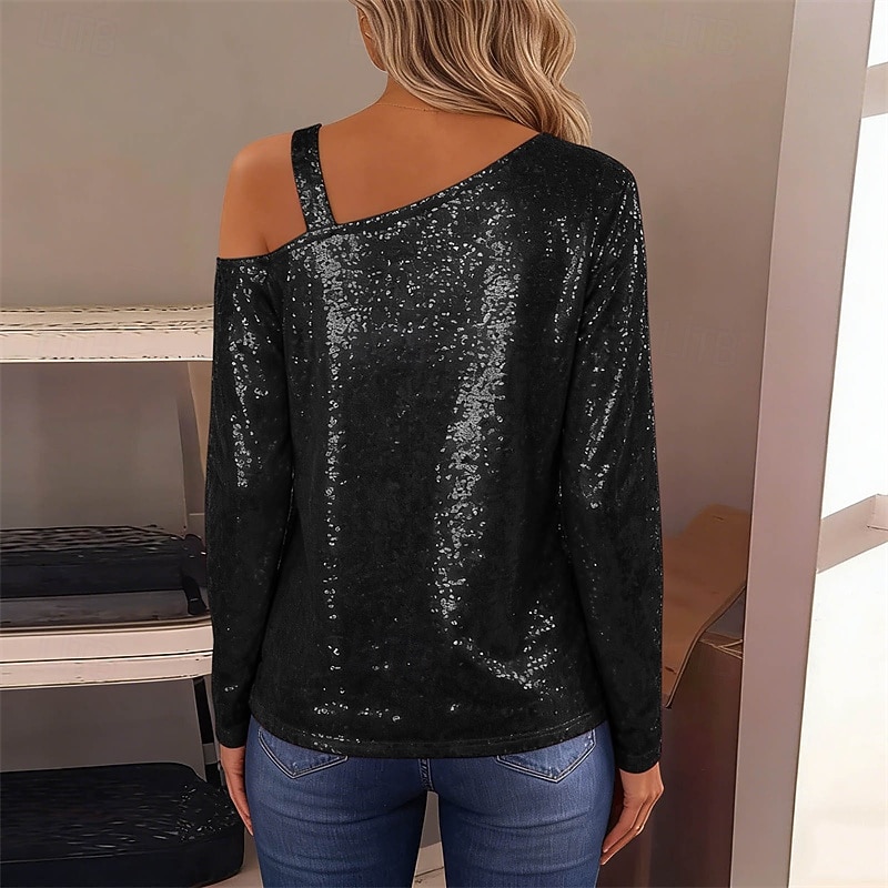 Damen Bluse Elegante Oberteile Pailletten-Oberteile Gerafft Pailletten Patchwork Einfarbig Einfach Elegant Vintage Stilvoll Langarm Asymmetrisch Normale Oberteile Täglich Arbeit Ausgehen Blau Schwarz 2026 - $12.99 –P2