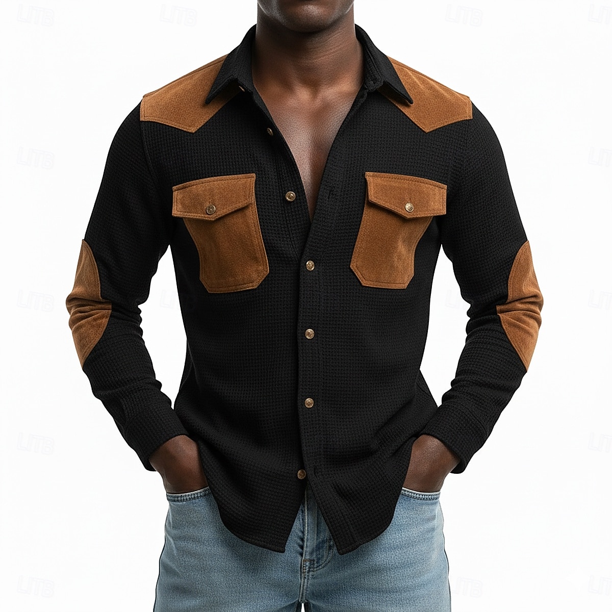 Men's Shirt Waffle Shirt Casual Shirt Vintage Shirt Button Up Shirt Cargo Shirt Black khaki Long Sleeve Color Block Lapel Casual Daily Patchwork Clothing Apparel Fashion Casual Vintage Retro 2026 - $29.99 –P2