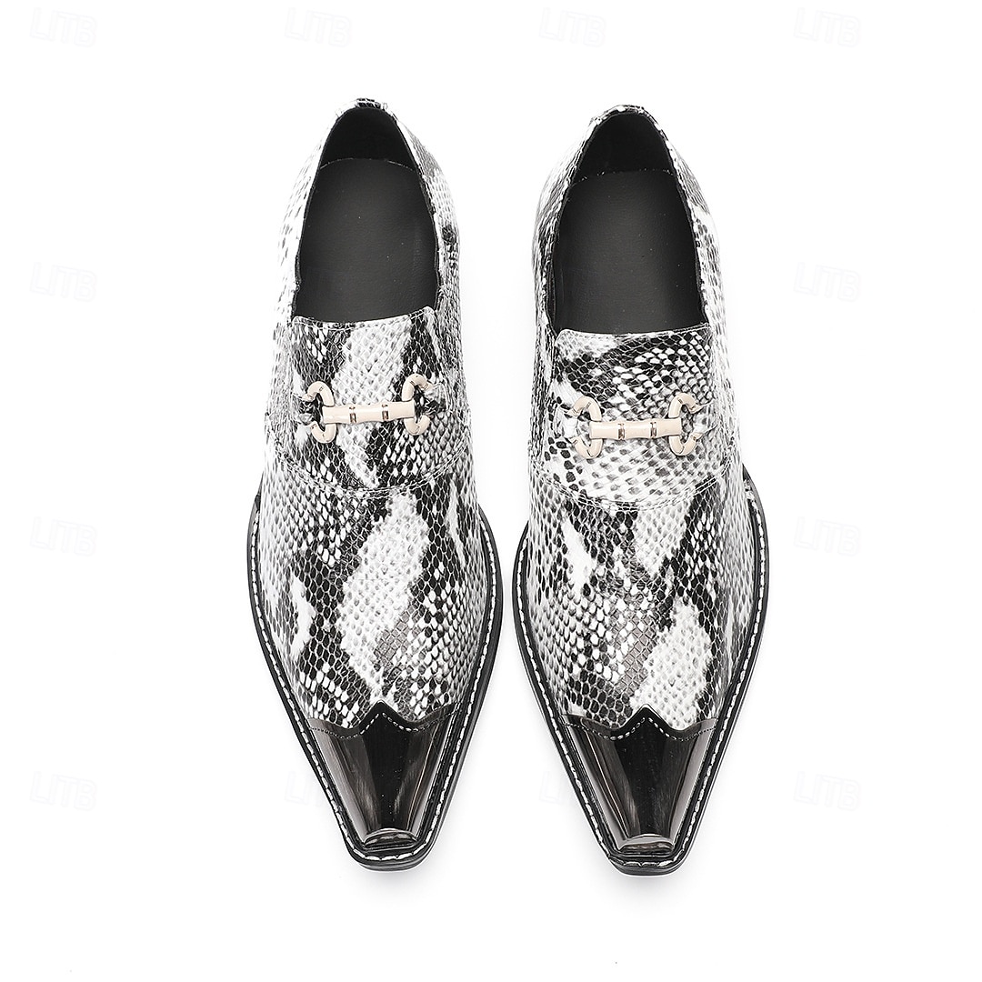 Men's White Snake Print Slip-On Shoes with Metal Accents – Stylish Formal Shoes for Evening Wear and Fashion-Forward Occasions 2026 - $119.99 –P2