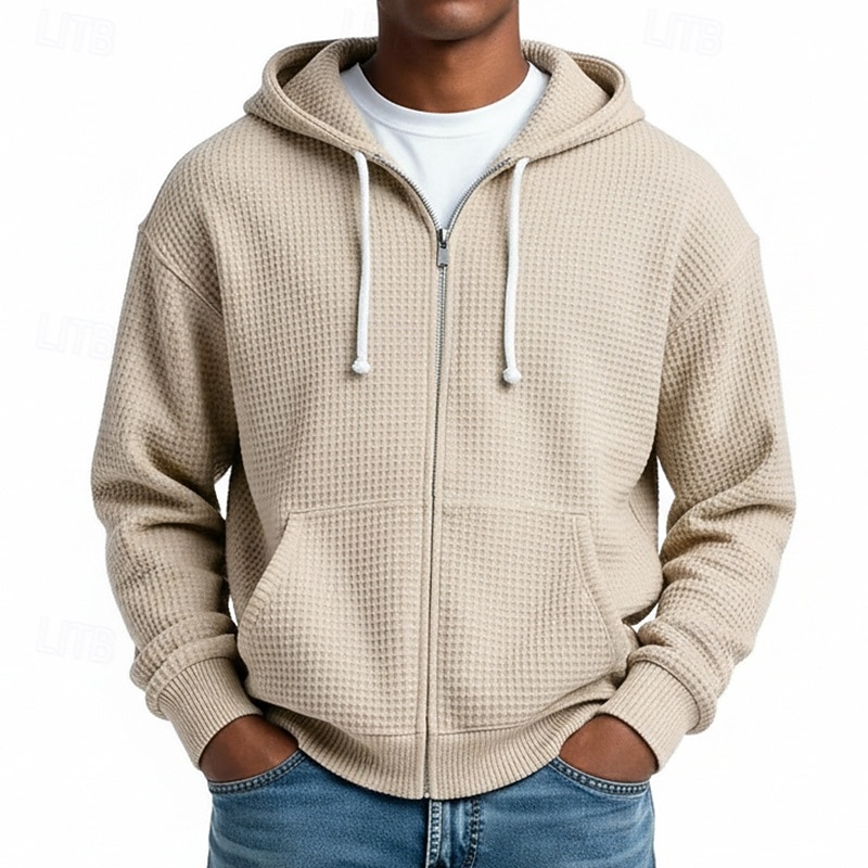 Herr Huvtröja Huvtröja med dragkedja Våffla hoodies Ljusgrå Huva Slät Dragkedja Strukturerad Ledigt Dagligen Sport & Utomhus Streetwear Häftig Sportkläder Vår & Höst Kläder Pull Tröjor Långärmad Lös 2026 - $28.99 –P4