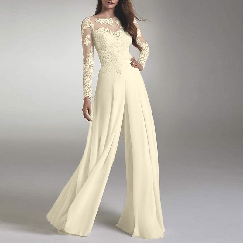 Φό Dresses Παραλιακό Γάμο Αίθουσα Casual Γάμο Φόρεμα Ζώνες Ψευδαίσθηση Λαιμό Μακρύ Μανίκι Έδαφος Μήκος Δαντέλα Γάμου Με Εφαρμογές 2026 - $149.99 –P2