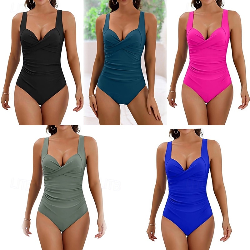 Per donna Costume da bagno Costumi da bagno One Piece Tinta unita Scollo a V Leggero Elastico Traspirante Senza Maniche Costume da Bagno Surf Spiaggia Vacanze Estate del 2026 a $18.99 –P1