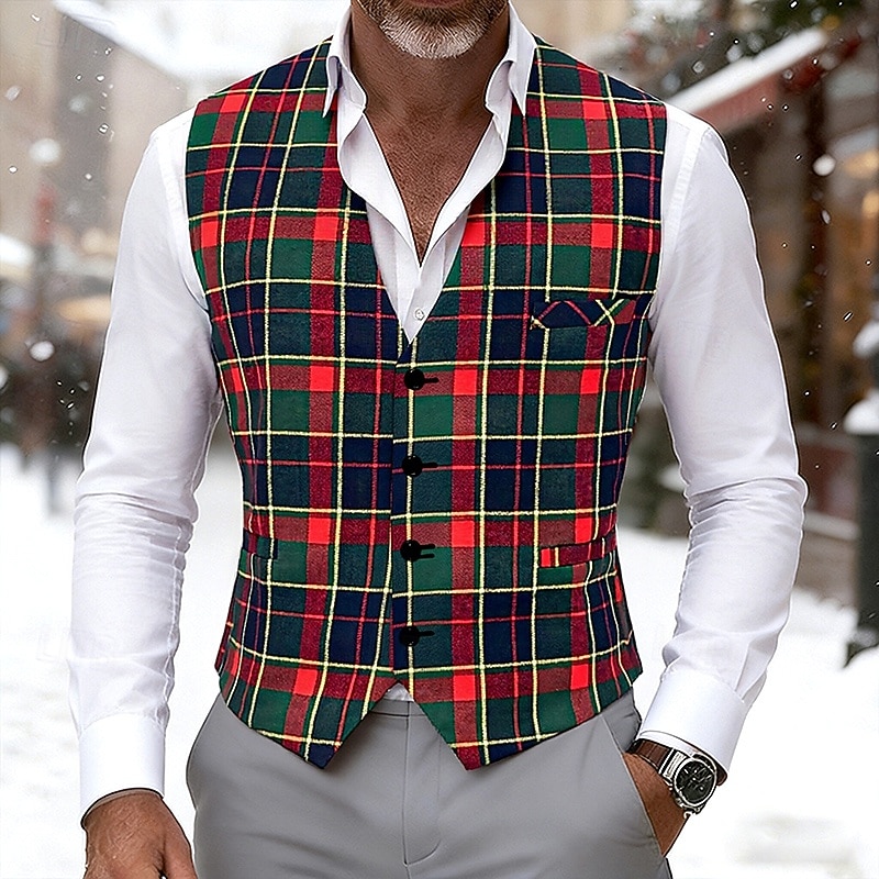 Men's Vest Waistcoat Gilet Casual Outdoor Vacation Party Fashion Streetwear Spring Fall Buttons Polyester Breathability Plaid Single Breasted V Neck Tailored Fit Red Vest 2026 - $29.99 –P1