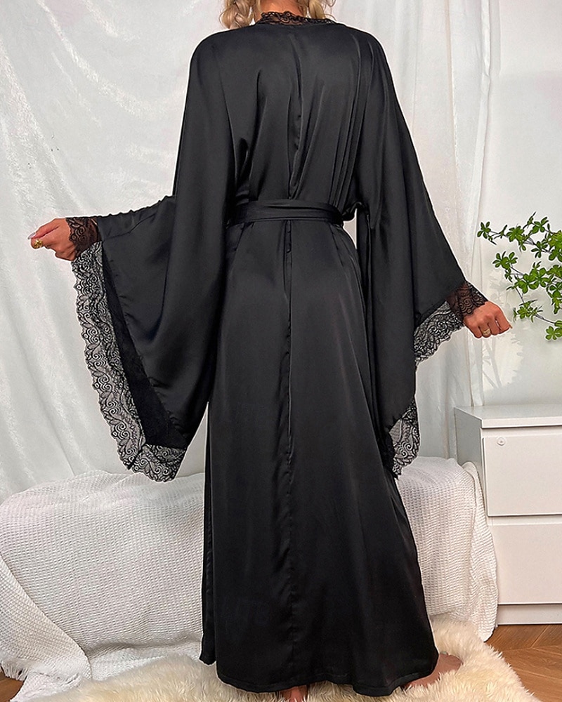 Γυναικεία Ρόμπα Καθημερινό Μαλακή Σατέν Μονόχρωμες Δαντέλα Παντελόνι Καθημερινά Σπίτι Κρεβάτι Μακρυμάνικο Λαιμόκοψη V Μαύρο Λευκό Κρασί Ρουμπίνι Καφέ Καλοκαίρι Άνοιξη Κανονικό 2026 - $39.99 –P9