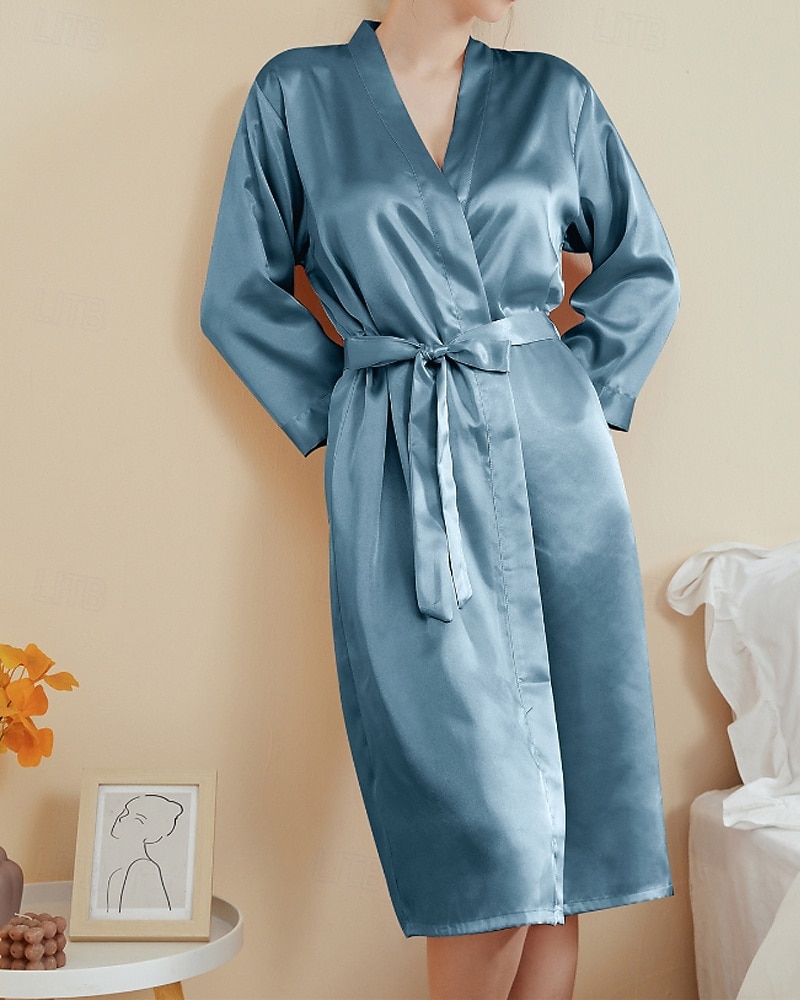 Femmes Robe Occasionnel Doux Satin Couleur Unie Quotidien Maison Lit manche longue Col en V Noir Blanche Vert Claire Rose Claire bleu marine Été Printemps Coupe régulière de 2026 ? $26.99 –P5
