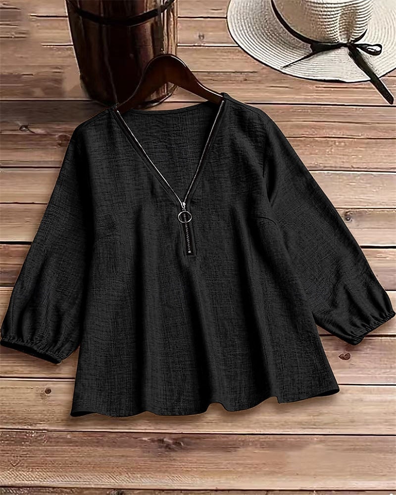 Mulheres Blusa Tops elegantes Linho de algodão sintético Franzido Patchwork Zíper Côr Sólida Tecido Elegante senhoras à moda Manga 3/4 Decote V Tops regulares Diário Trabalho Para Noite Preto Camelo de 2026 por $21.99 –P5