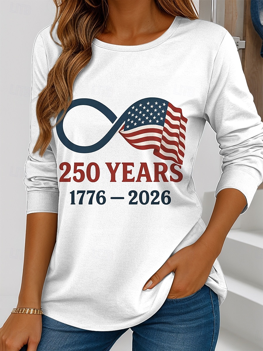 Ziua Independenței Americane Pulover pentru Femei T Shirt Grafic Steag Stilat Casual Mâneci Lungi Guler Crew Tops Regulate Imprimare Albastru Alb Roșu Vară Primăvară 2026 - $24.99 –P2