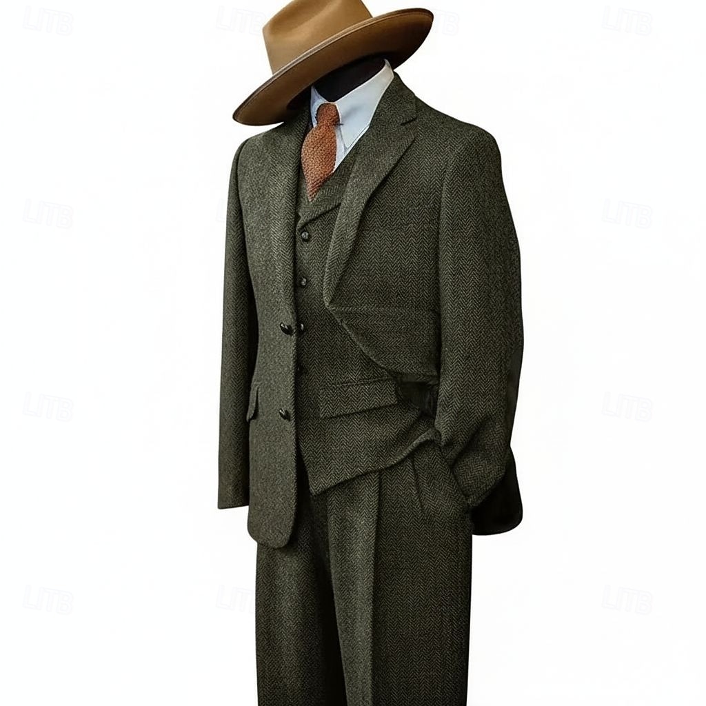 De los hombres Trajes de tweed Negocio Boda Azul Piscina Caqui Claro Otoño invierno Traje Solapa de Pico Negocios Retro Antiguo Espiga A Medida Juego de 3 piezas Recto 2 botones 2026 - $139.99 –P5