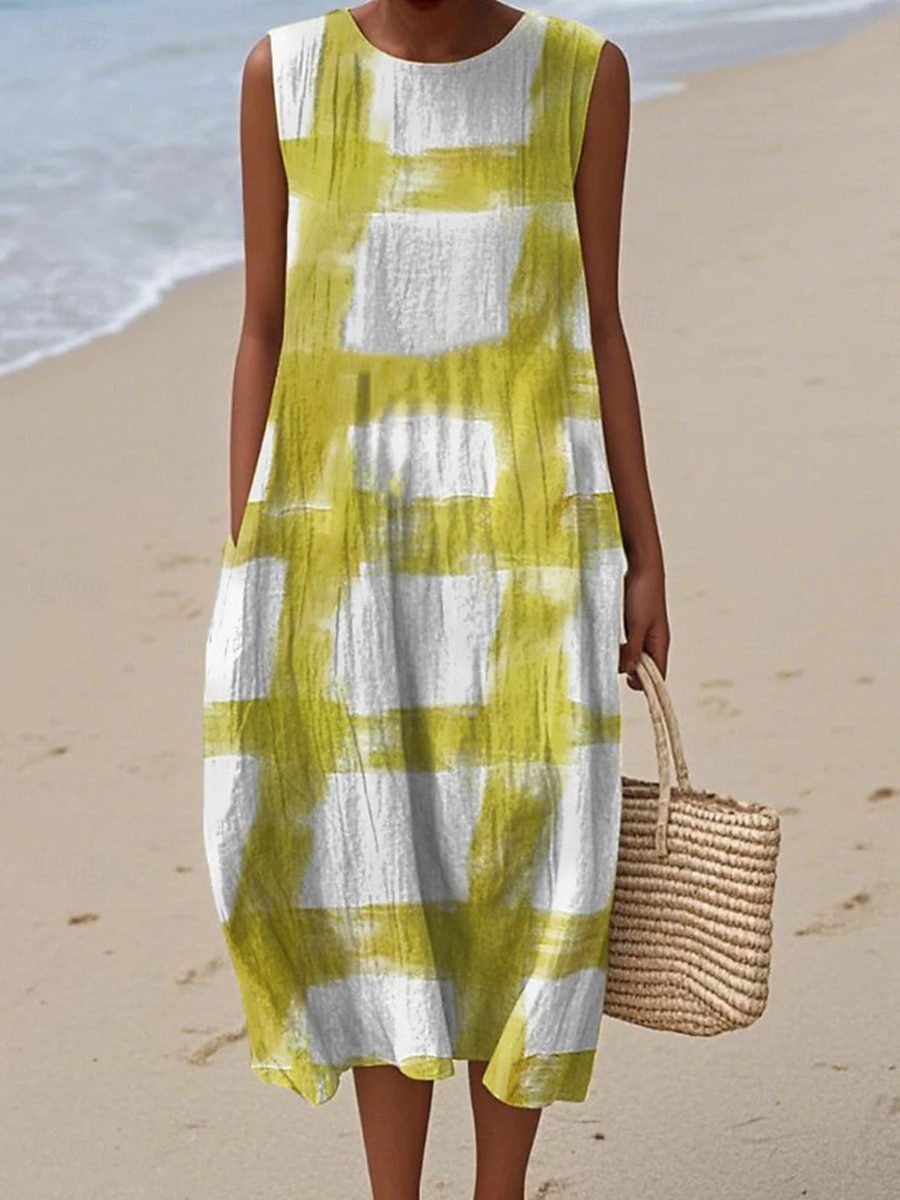 Midi sukienka lniana sukienka wakacyjna sukienka typu shift w kształcie litery A wakacyjna casualowa boho na plażę na wyjście luźna graficzna geometryczna bez rękawów okrągły dekolt niebieska biała 2026 - $39.99 –P5