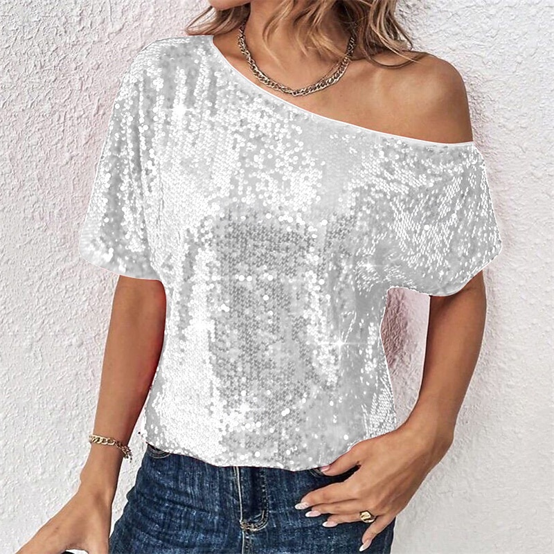 Damen Sommeroberteile Bluse Elegante Oberteile Pailletten-Oberteile Gerafft Pailletten Patchwork Einfarbig Einfach Elegant Vintage Damen Kurzarm Schulterfrei Normale Oberteile Täglich Arbeit Ausgehen 2026 - $11.49 –P11