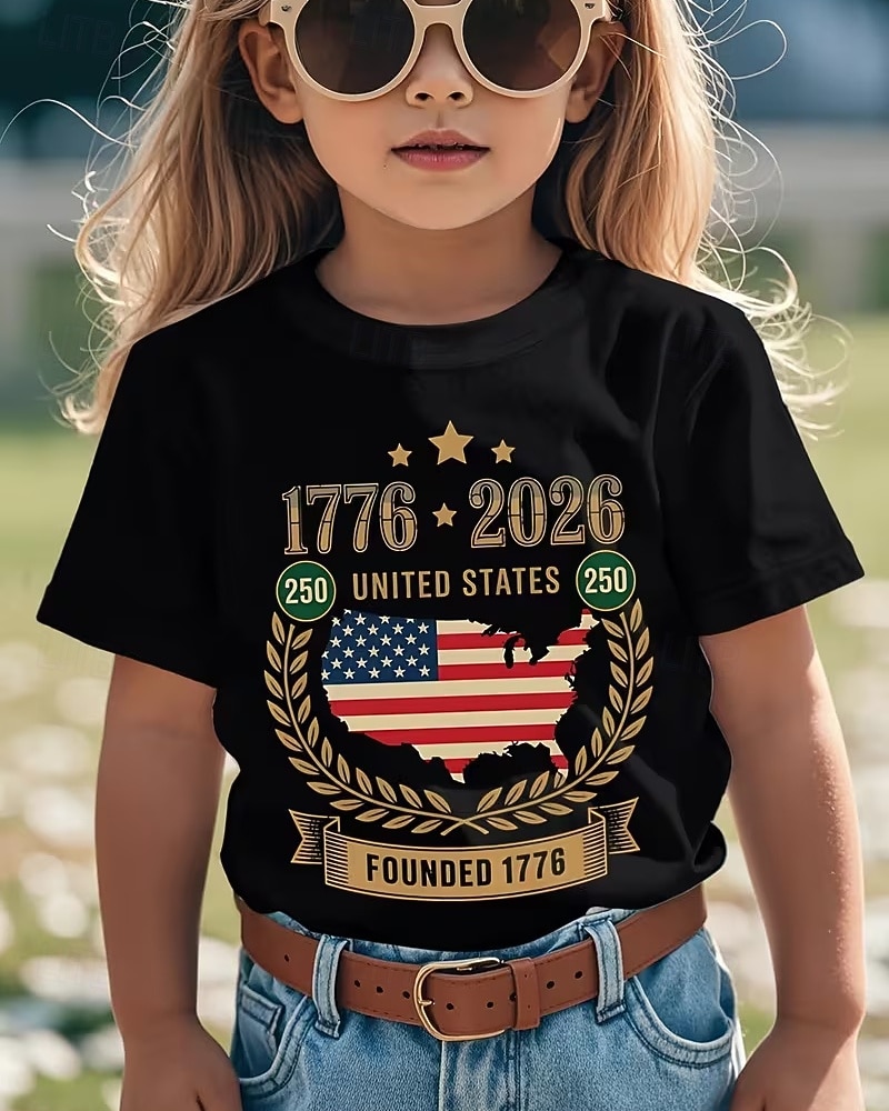 100% Baumwolle Kinder Mädchen Schwarz Grafik USA Flagge 250-jähriges Jubiläum Amerikanische US-Flagge für Kinder T-Shirt Rundhalsausschnitt Kurzarm Urlaub Sport & Outdoor Alltagskleidung Aktiv Urlaub 2026 - $19.49 –P1