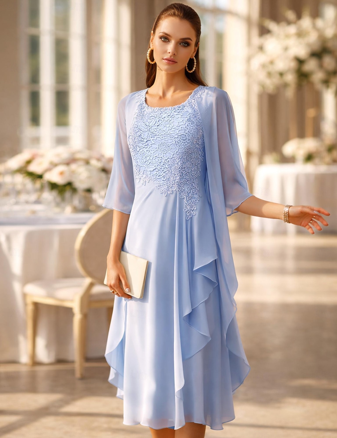 Из двух частей А-силуэт До колена Свадебное платье для гостей Платье для матери невесты Без рукавов Совок шеи Элегантный стиль Свадебный гость Свадебные прием Шифон Кружева Платья-жакеты с 2026 - $157.99 –P4