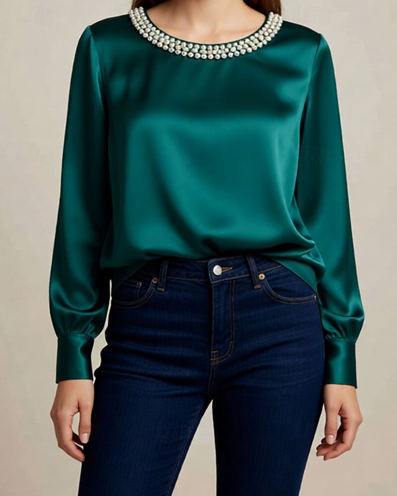 Mulheres Blusa Tops elegantes Franzido Patchwork Com Miçangas Côr Sólida Tecido Elegante senhoras à moda Manga Longa Gola Redonda Tops regulares Diário Trabalho Para Noite Preto Branco Verde Damasco de 2026 por $26.99 –P5