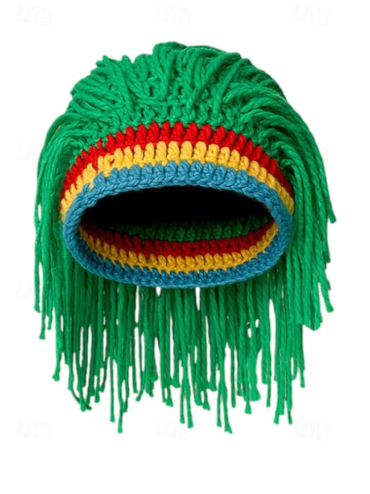 Herren-Perückenmütze aus Häkelgarn, mehrfarbiges Design mit grünen, roten und gelben Streifen, perfekt für den St. Patrick's Day und Kostümpartys 2026 - $14.99 –P6