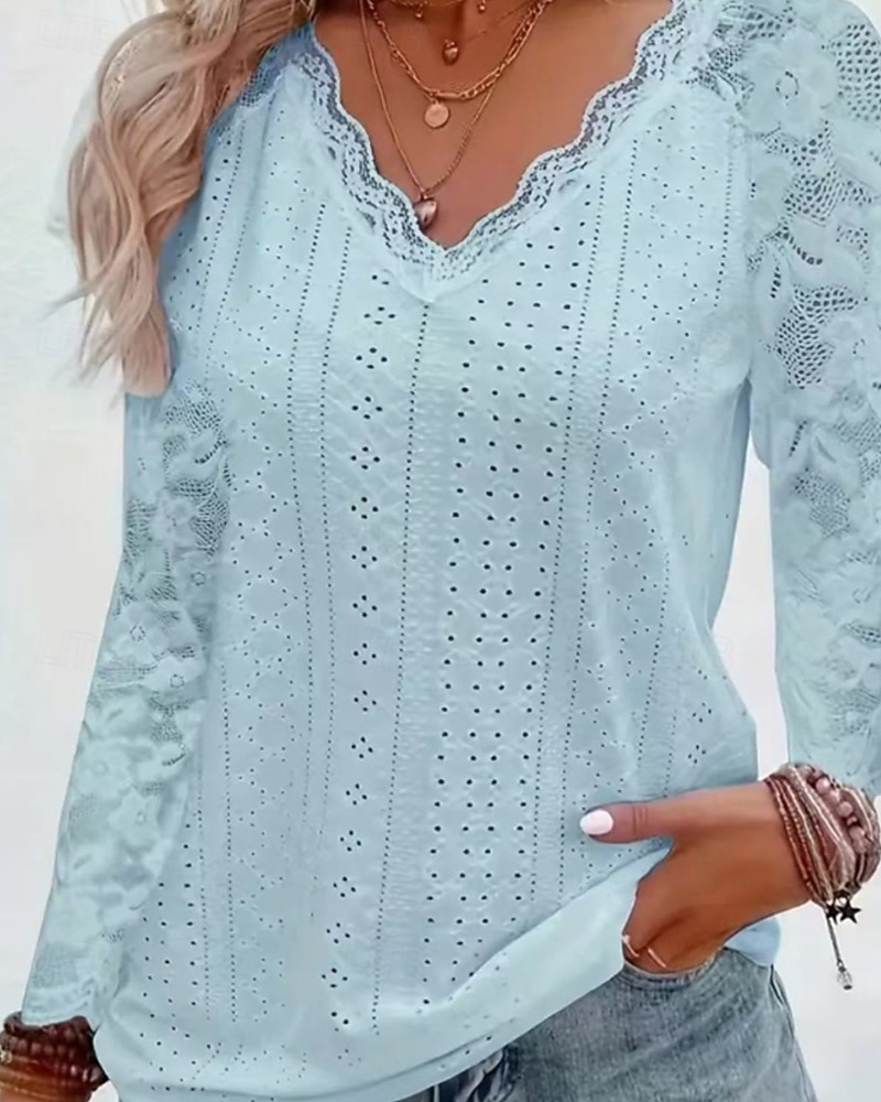 Mulheres Blusa Tops de renda Renda Patchwork Tecido Ativo à moda Manga Longa Decote V Tops regulares Diário Feriado Para Noite Branco Rosa Vinho Azul Claro Verão Primavera de 2026 por $21.99 –P5