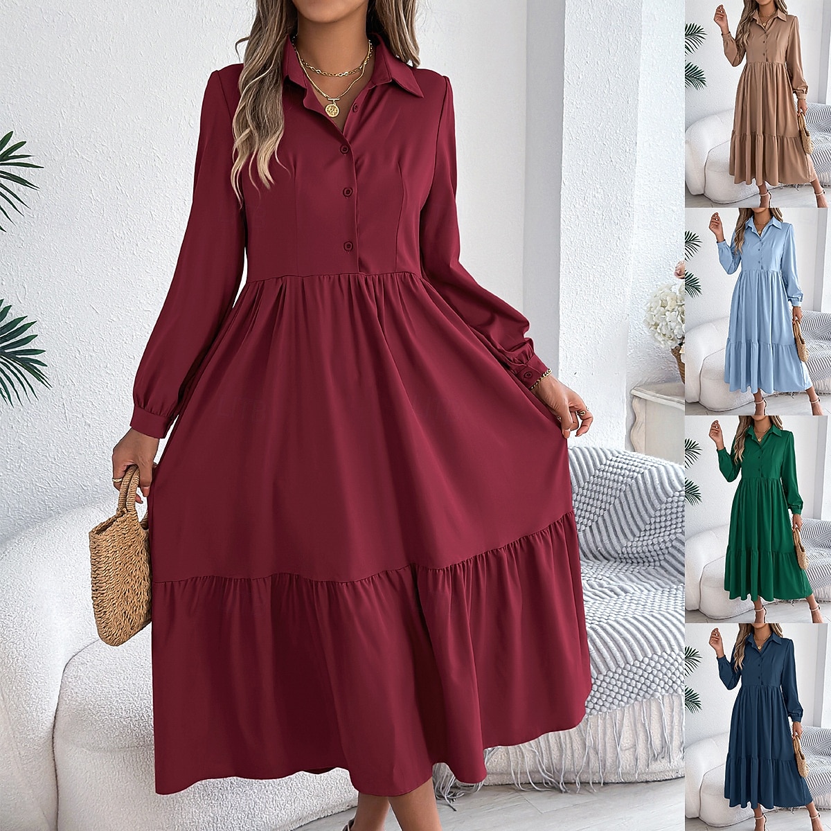 Women's Midi Dress A Line Dress Casual Daily Regular Fit Plain Long Sleeve Lapel Blue Navy Wine Green Spring 2026 - $36.99 –P1