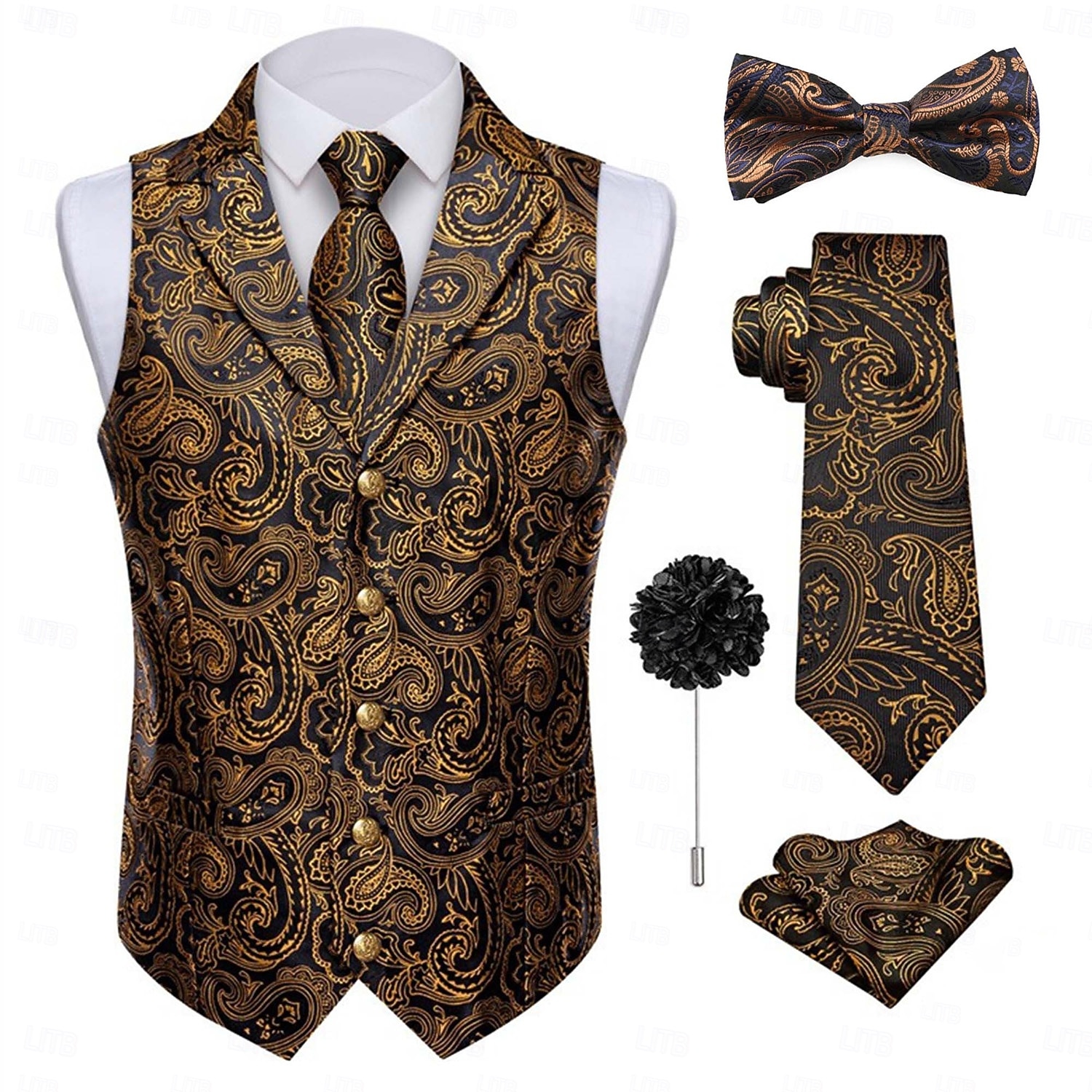 Roaring 20s 1920s Retro Vintage Outfits Waistcoat Accessories Set Gentleman Gangster Paisley Jacquard Fancy Dress Men's Carnival Costume 7 PCS Christmas Halloween Carnival Masquerade Cocktail Party 2026 - $55.99 –P1