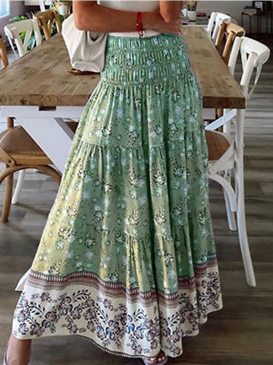 Mulheres Boêmia Moda Casual Longo Cintura Alta Saias Floral Imprimir Com Stretch Diário Rua Vermelho Azul Roxo Verde Primavera de 2026 por $28.99 –P3