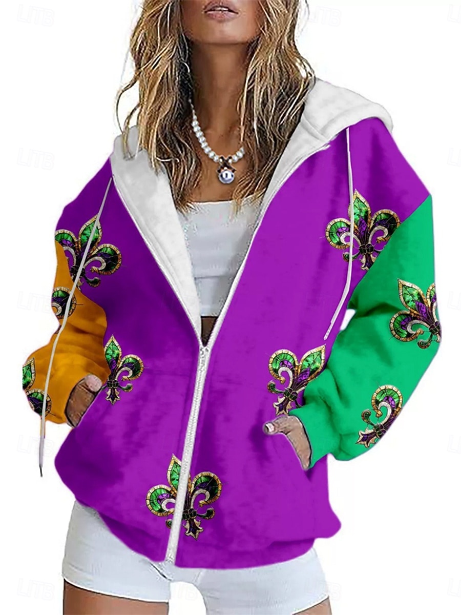 Carnival Damska Bluza na Zamek Graficzna Geometryczna Abstrakcyjna Moda Streetwear Casual Długim Rękawem Z Kapturem Regularne Topu Codzienna Wygoda Wyjście Na Zamek Kieszeń Fioletowy Zielony Ciemny 2026 - $39.99 –P3