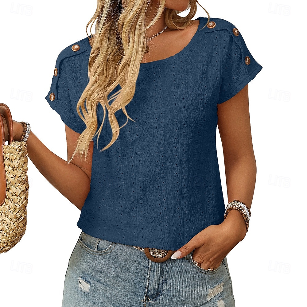 Per donna Maglietta T-shirt con ricamo a occhielli Patchwork Traforato Bottoni Classico Casual Manica Corta Manica a pipistrello Girocollo Top Regolari Quotidiano Weekend Nero Bianco Verde chiaro del 2026 a $22.99 –P5
