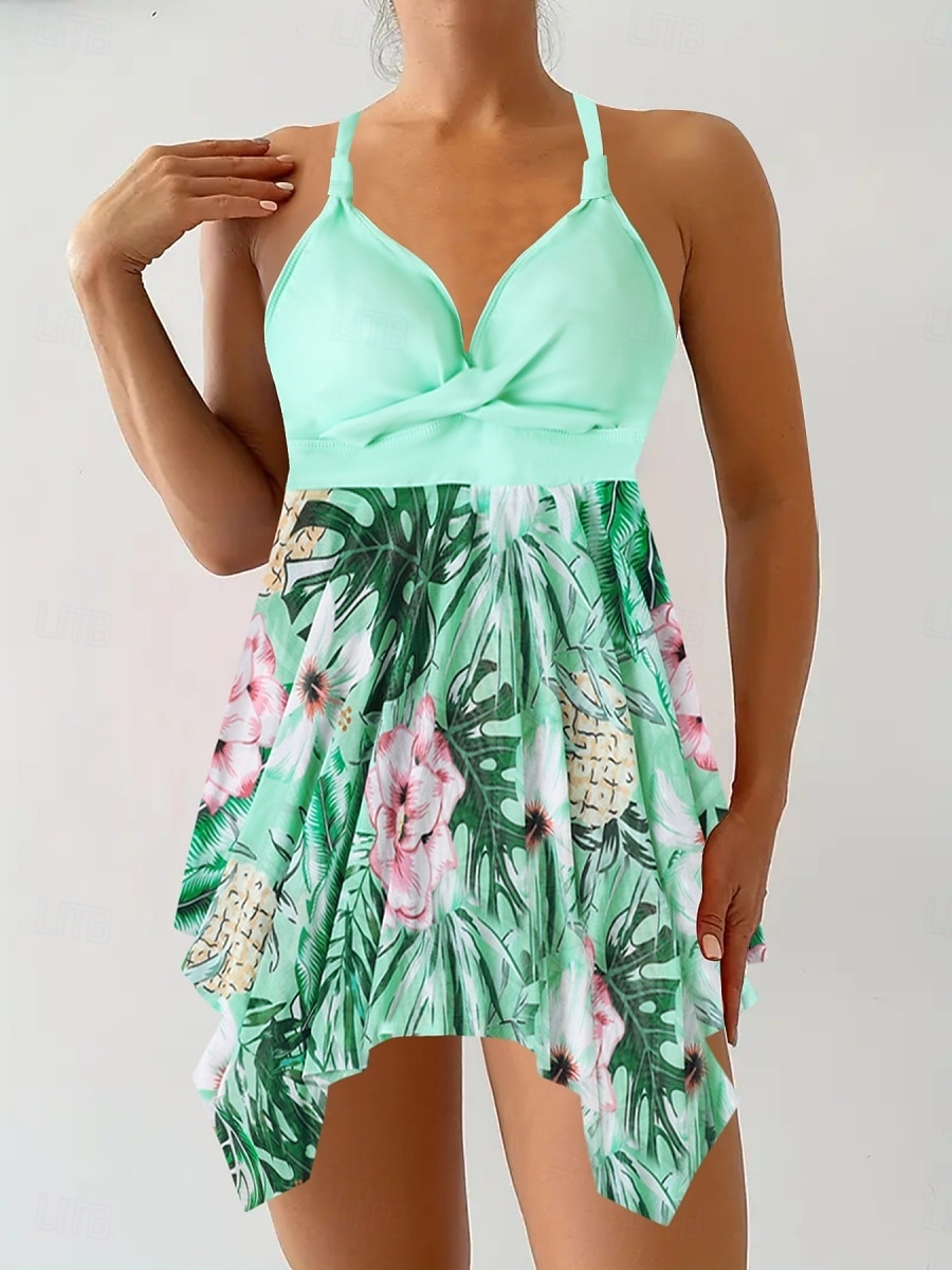 Tankini pour femmes 2 pièces maillot de bain léopard culotte taille haute contrôle du ventre dos nu vacances plage floral en V sans manches de 2026 ? $33.99 –P7