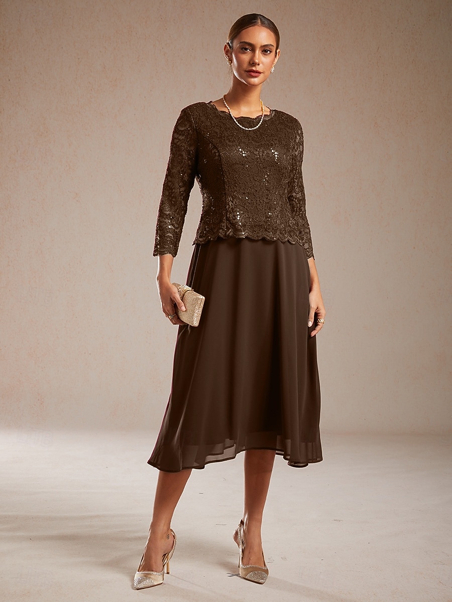 Per donna Abito Midi Vestito in Chiffon Abito a trapezio Elegante Ospite di nozze Cocktail party Allacciato Paillettes Vestibilità regolare Tinta unica Manica 3/4 Girocollo Caffè del 2026 a $103.99 –P6