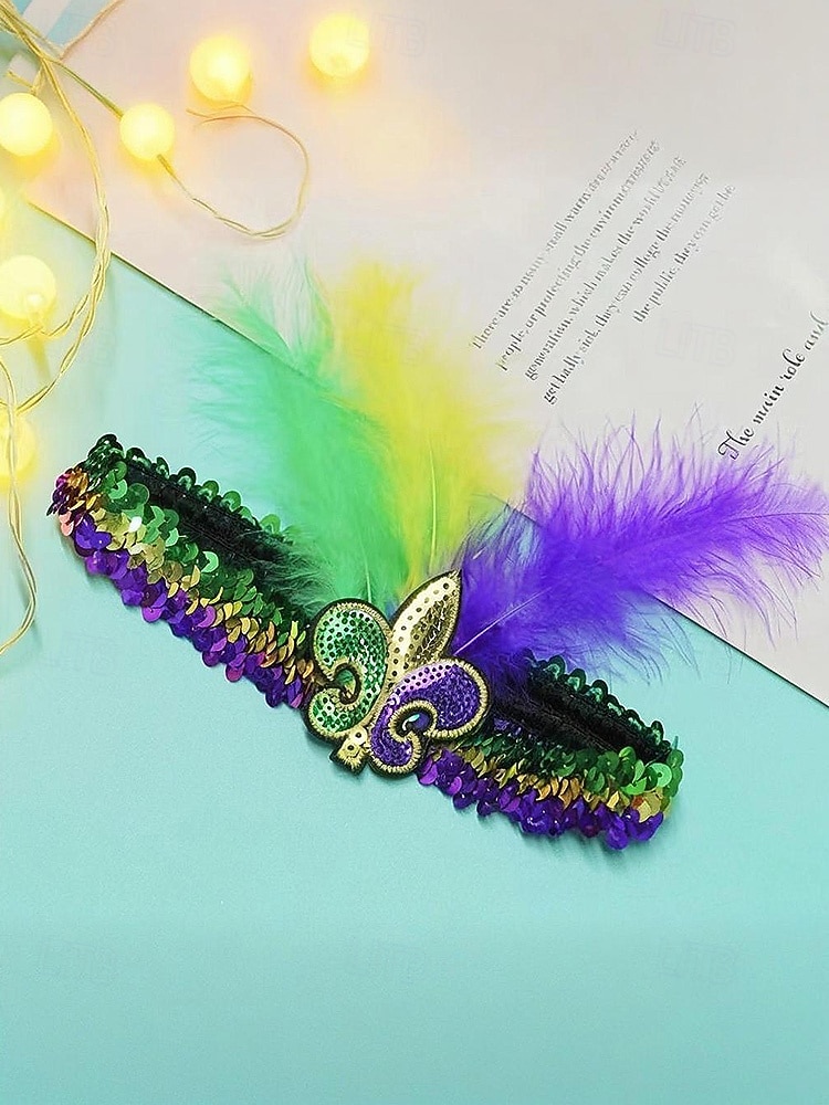 Dámská souprava masky a čelenky na karneval Mardi Gras z polyesteru s flitry – živé barvy s peřím ideální pro karneval a maškarní večírky 2026 - $9.99 –P6