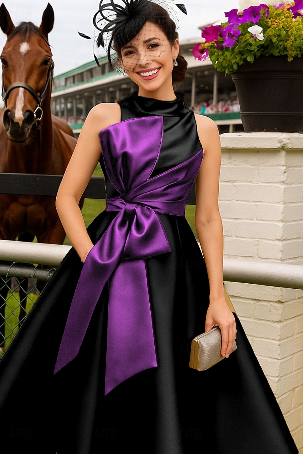 Linia -A Lungime Gleznă Rochie Derby Rochie Mama Miresei Fără manșon Stil Nautic Gât Înalt Elegant Kentucky Derby Satin cu Arc Bloc Culoare 2026 - $142.99 –P6