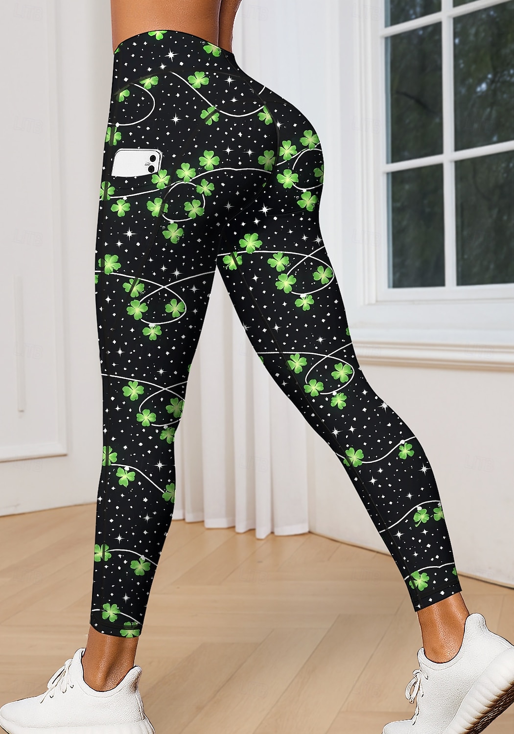 St. Patrick Women's pilates leggings fitness pants Gym Leggings Pockets Stamp Duty Side Pockets Pilates Gym Gym Workout Tights Leggings Bottoms Trees / Leaves Clover Green and Black Dark Green Sports 2026 - $20.99 –P4