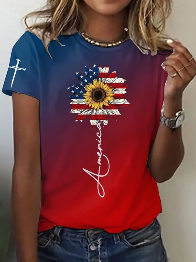 Патриотическая майка ко Дню независимости Женская футболка графический флаг винтажный стильная классическая с коротким рукавом круглый вырез обычная футболка повседневная выходные печать синий 2026 - $22.99 –P4