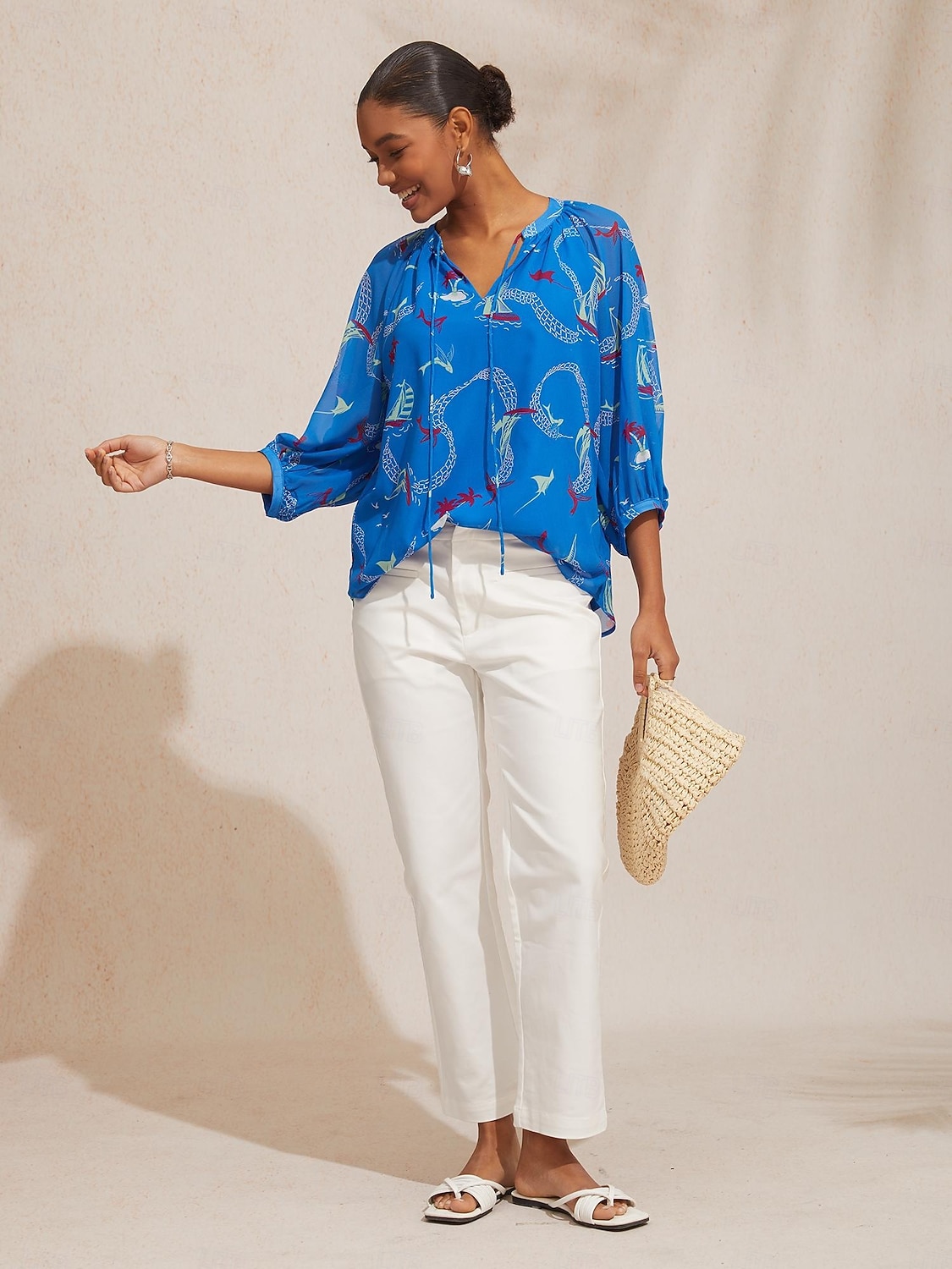 2026年 バケーション オーシャン エレメント プリント ルーズ シフォン ショート トップス  コレクション – $18.99 –P2