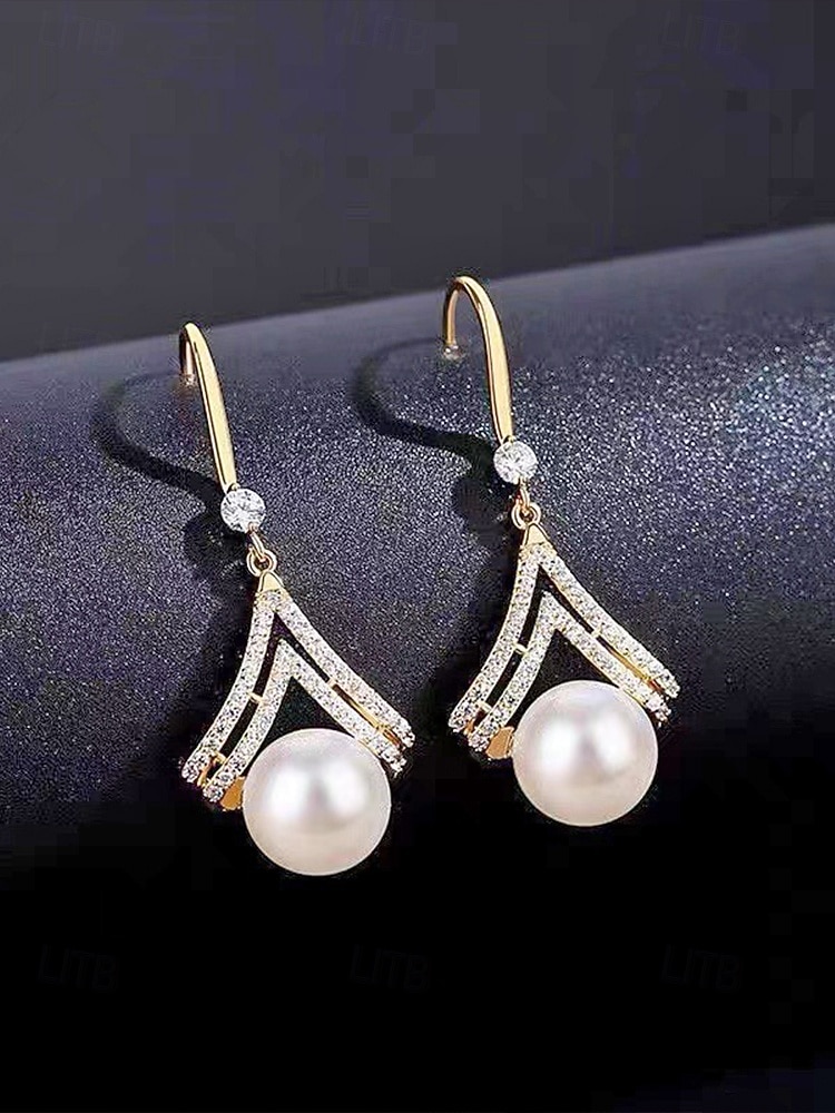 Pendientes colgantes de perlas artificiales para mujer, elegante diseño geométrico con detalles de cristal, estilo nupcial clásico, para novias, ceremonias de boda y eventos formales de noche. 2026 - $9.99 –P7