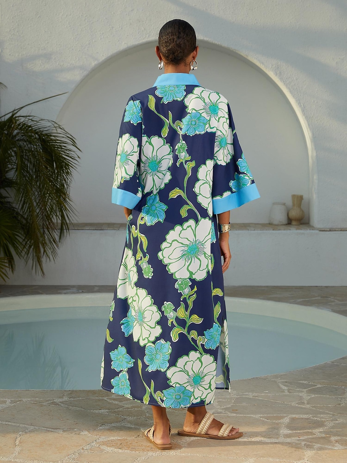abito lungo da vacanza in rayon con maniche a dolman e motivo floreale color block del 2026 a $102.99 –P4