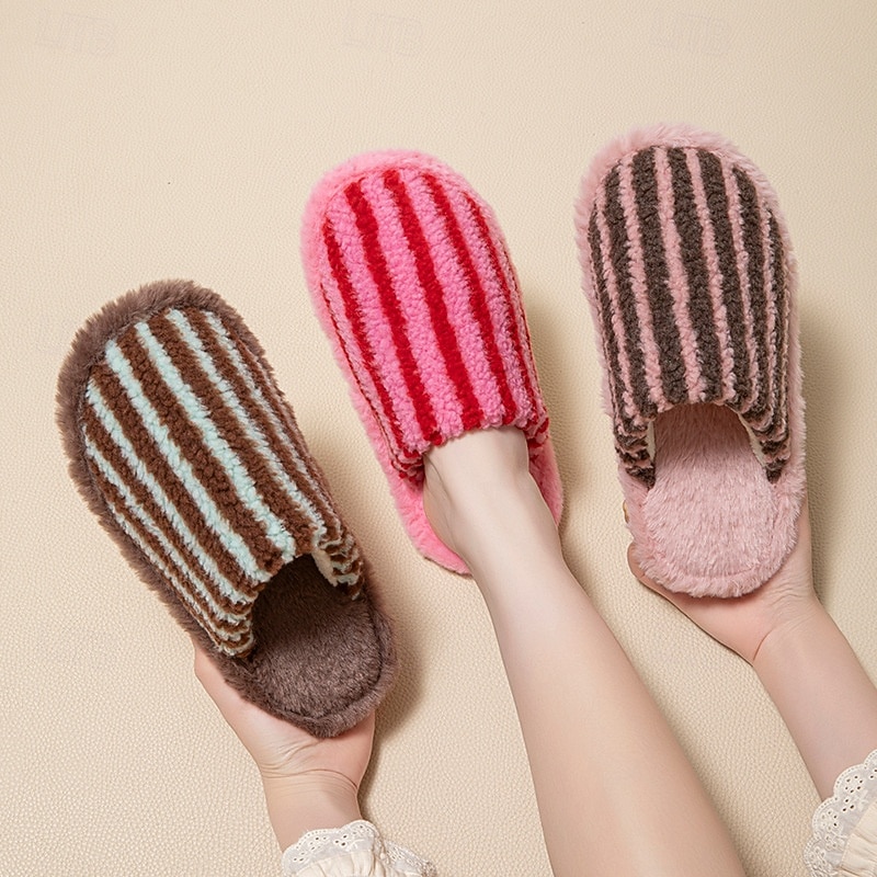 Cotton Slippers for Women Closed Toe Color Block Plush Striped Furry Indoor Home Soft Cozy House Slippers 2026 - $18.99 –P3