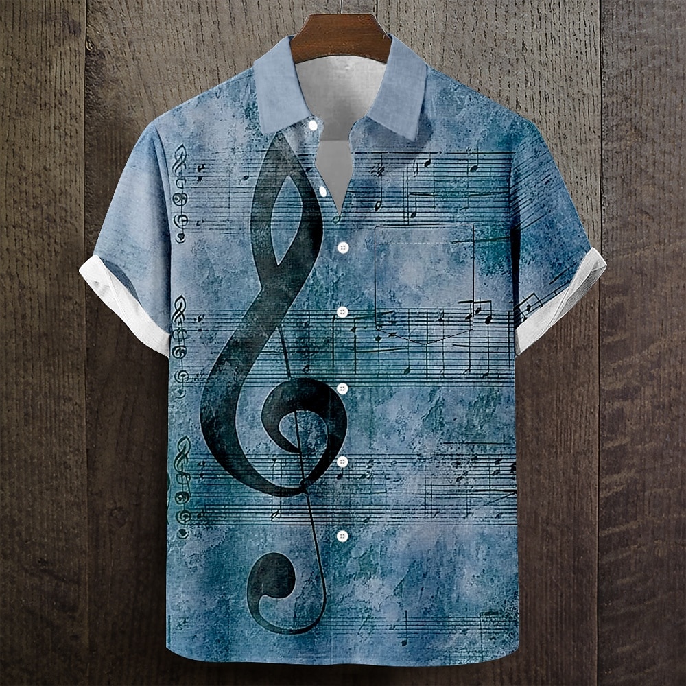 Men's Musical Notes Distressed Print Shirt Summer Shirt Button Up Shirt Short Sleeve Vintage Retro Music Festival Holiday Summer Turndown 3D Print Front One Pocket Linen Like Shirt Blue Green Khaki 2026 - $25.99 –P2