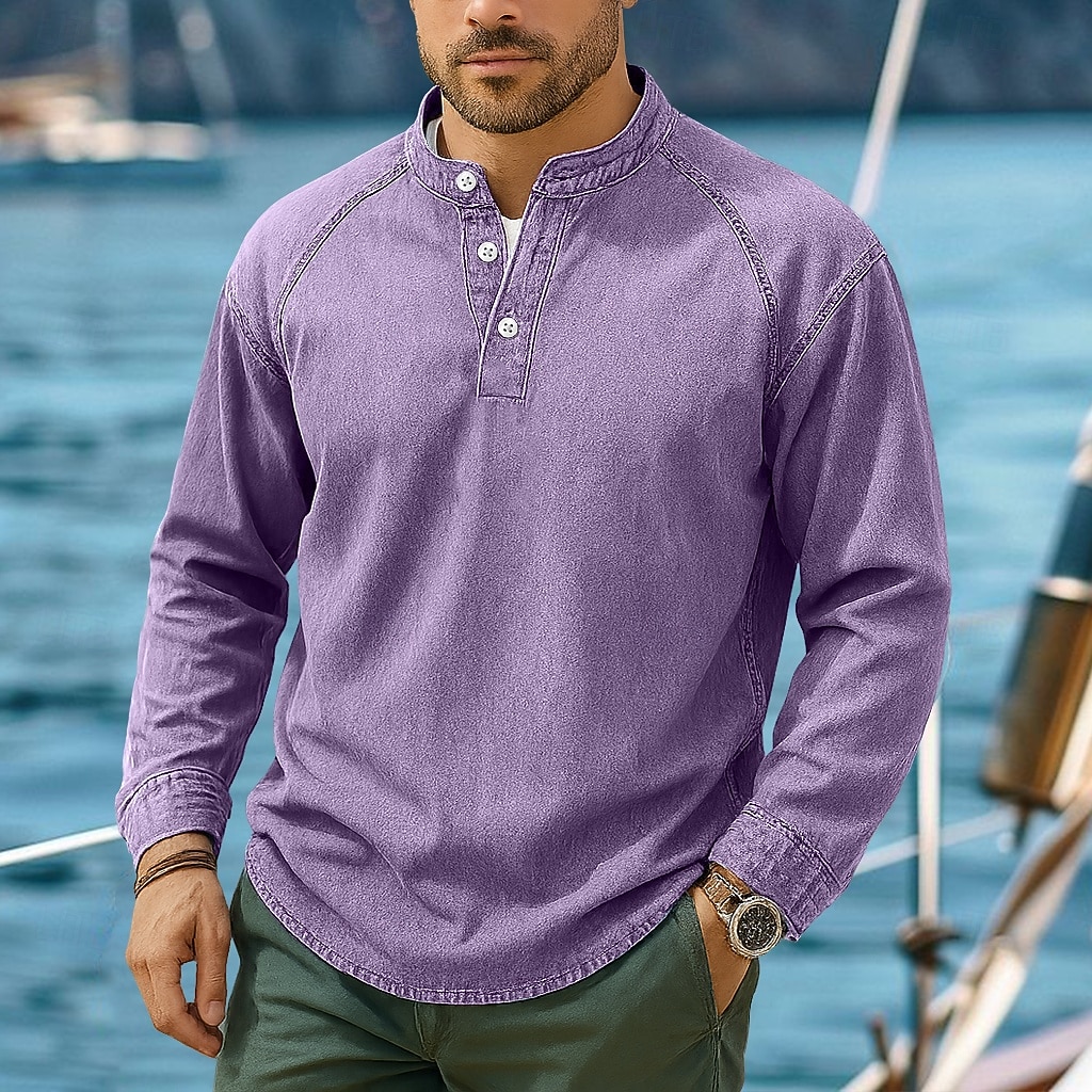 SoftFade™ Men's T Shirt Henley Shirt 100% Cotton Acid Wash Shirt Tee Top Long Sleeve Henley Spring Fall Plain Vintage Streetwear Casual Garment Dyed Faded Washed Casual Home Street Black Blue 2026 - $31.99 –P2
