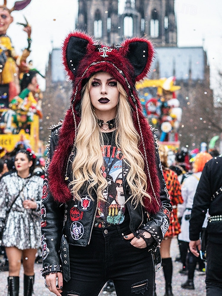 Dámská punková kožišinová čepice s kočkou na Mardi Gras v několika barvách trendy design s křížovými detaily perfektní pro karneval a maškarní plesy 2026 - $26.99 –P2
