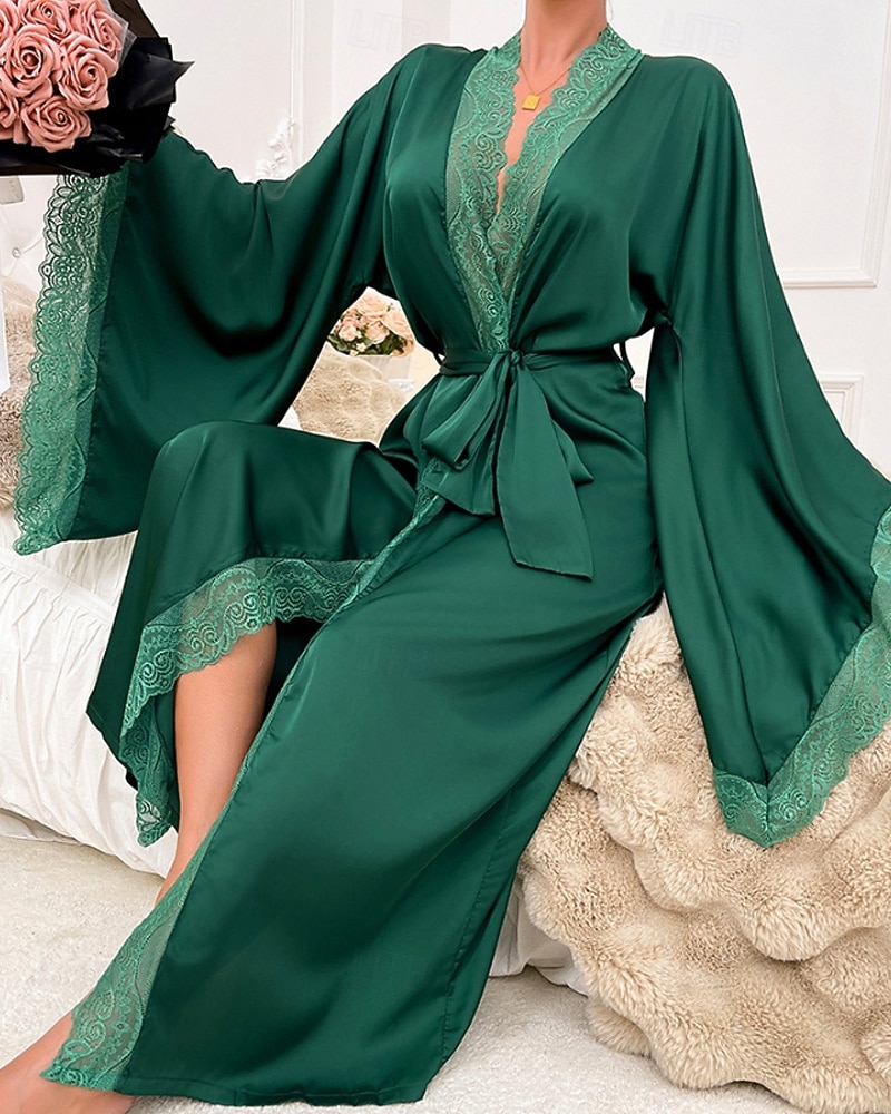 Γυναικεία Ρόμπα Καθημερινό Μαλακή Σατέν Μονόχρωμες Δαντέλα Παντελόνι Καθημερινά Σπίτι Κρεβάτι Μακρυμάνικο Λαιμόκοψη V Μαύρο Λευκό Κρασί Ρουμπίνι Καφέ Καλοκαίρι Άνοιξη Κανονικό 2026 - $39.99 –P2