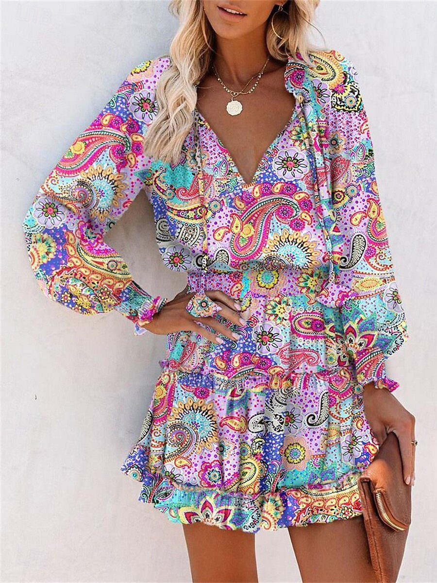 mini abito da donna con scollo a V, motivo leopardato, arricciato, floreale, manica lunga, estivo, primaverile del 2026 a $24.99 –P2