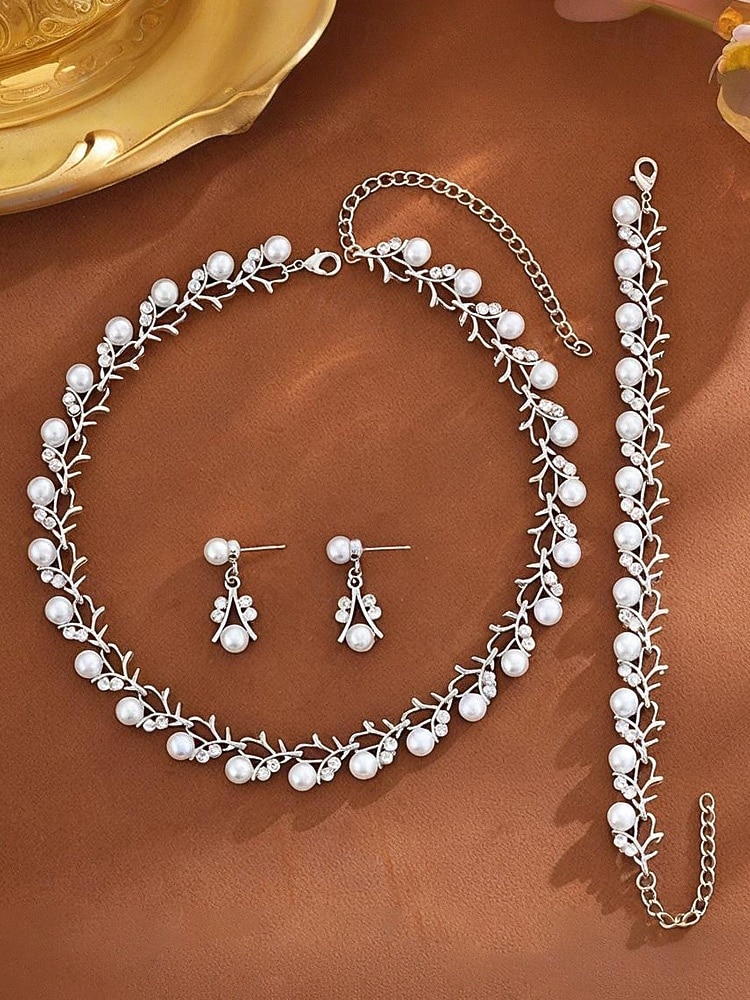 Conjunto de joyas de aleación de perlas de imitación para mujer: conjunto de 3 piezas de collar, pulsera y aretes, perfecto para bodas y ocasiones especiales. 2026 - $11.99 –P5
