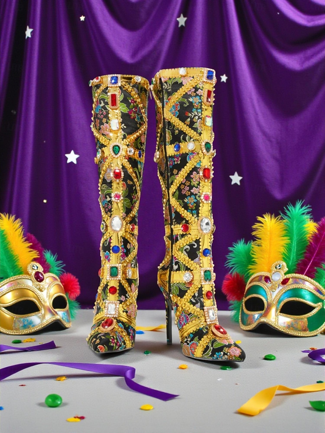Γυναικείες Μπότες Ψηλοτάκουνες Διακοσμημένες με Λουλούδια και Λεπτομέρειες Κοσμημάτων Πολύχρωμο Στυλ Καρναβαλιού Ιδανικές για Μάρντι Γκρα και Εορταστικές Στιγμές 2026 - $199.99 –P4