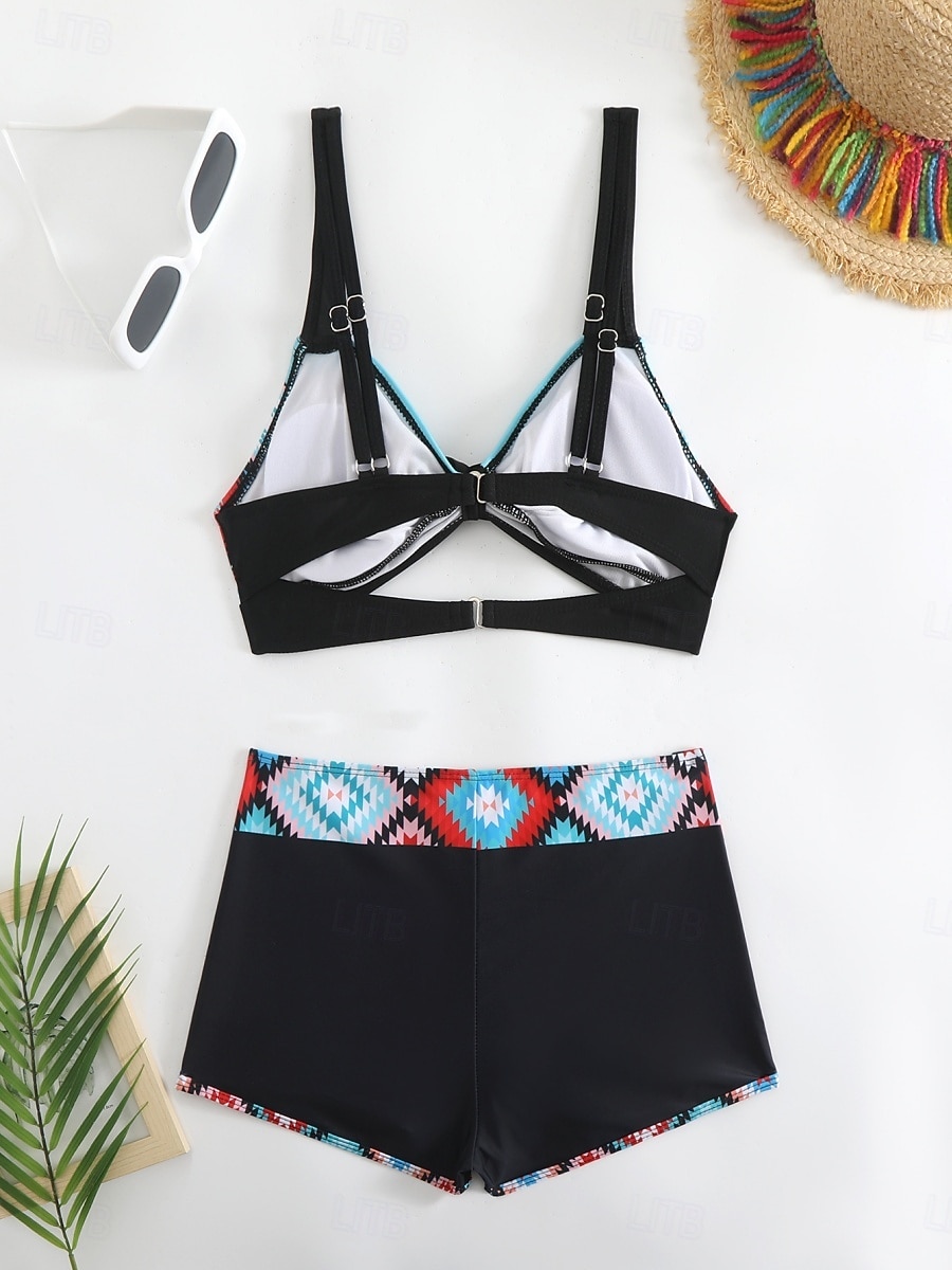 Dame Bikini 2 Delt Badedrakt Boho Shorts Slim Uten Rygg Ferie Strand Bekledning Fargeblokk Geometrisk V Hals Uten Ermer Badedrakter 2026 - $19.99 –P9