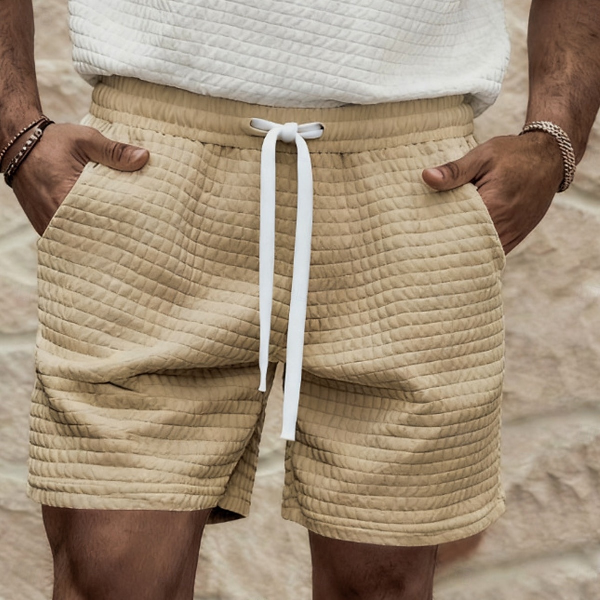 Herren Waffel Shorts Sommershorts Strandshorts Freizeitshorts Kordelzug Elastischer Bund Einfarbig Komfort Knielang Täglich Outdoor Streetwear Urlaub Mode Schwarz Weiß Mikroelastisch 2026 - $18.99 –P6