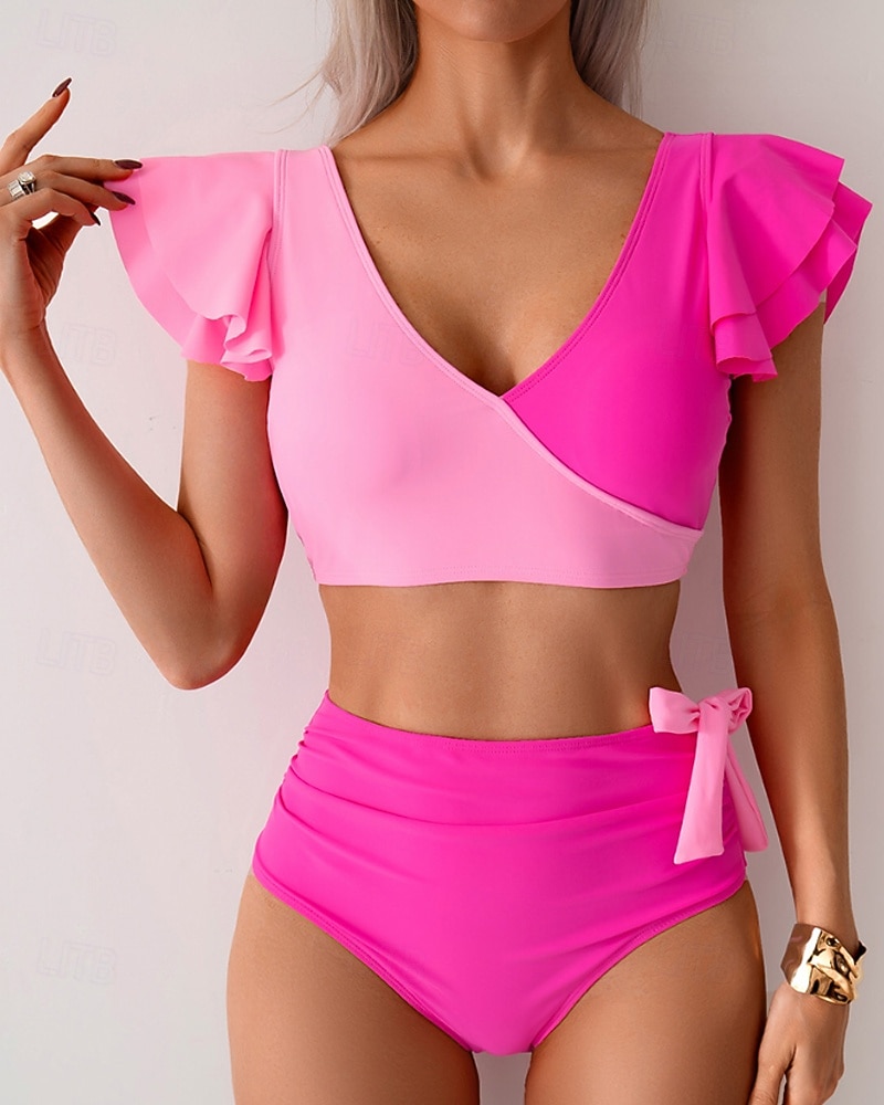 Γυναικεία Μαγιό 2 κομμάτι Προκλητικό Μαγιό Σουρωτά Κουρελού Εξώπλατο Διακοπές Ρούχα παραλίας Συνδυασμός Χρωμάτων Λαιμόκοψη V Αμάνικο Μαγιό 2026 - $25.99 –P6