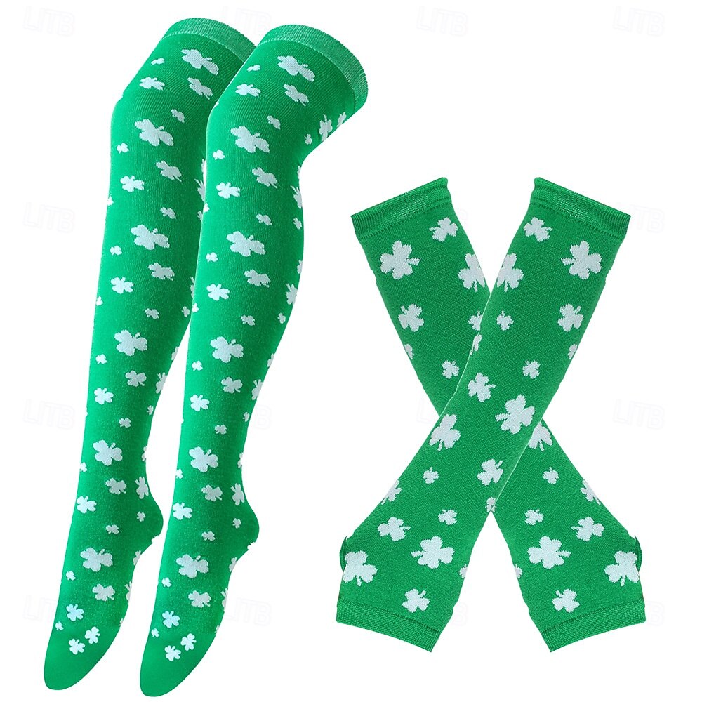 dámská ponožka ke Dni svatého Patrika &sada návleků na ruce, 4dílné podkolenky s potiskem trojlístku a rukavice bez prstů, sváteční doplňky v irsko zelené barvě pro ženy &holky, ideální pro průvody ke 2026 - $19.99 –P4