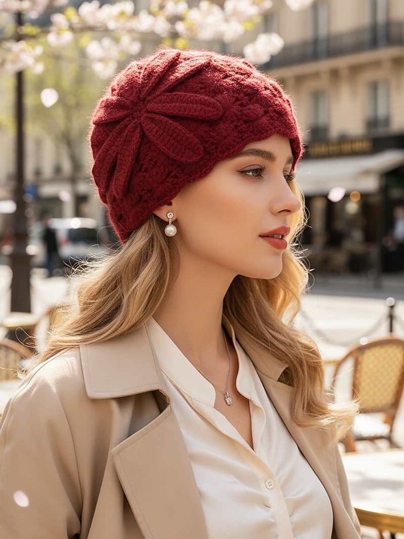Women's Red Crochet Flower Bud Hat – Soft and Cozy Knitted Beanie for Winter, Stylish and Warm Accessory for Casual and Outdoor Activities 2026 - BHD 4.58 –P2
