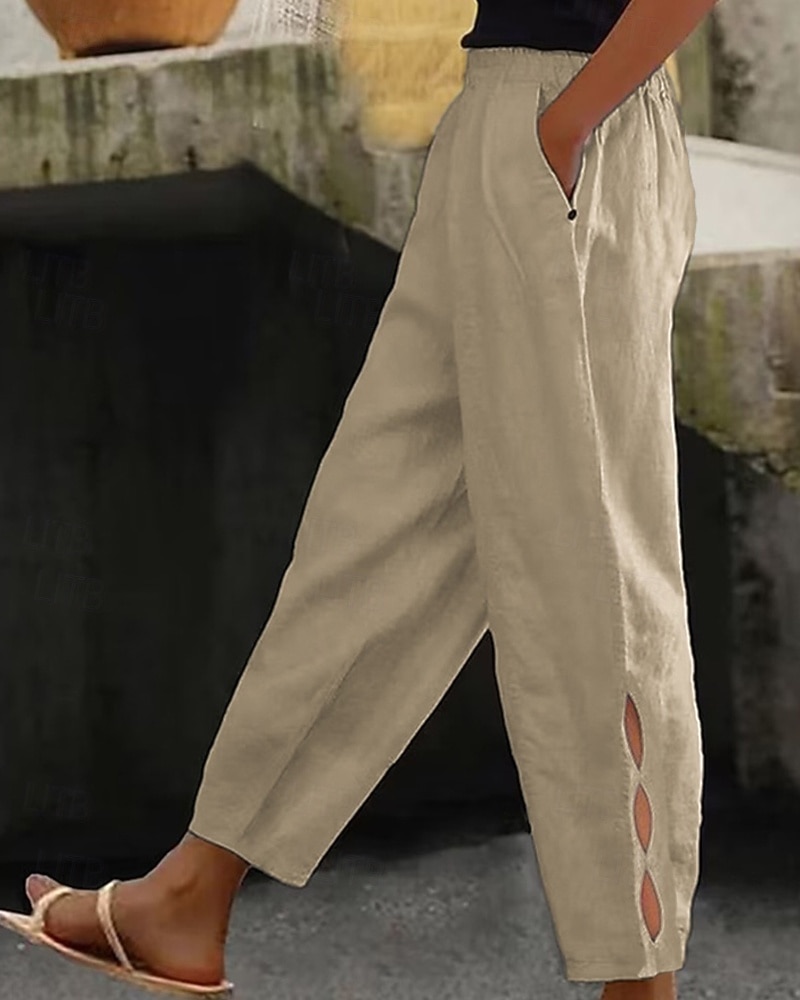 Women's Cotton Linen Pants Chinos Summer Pants Vacation Streetwear Casual Full Length Medium Waist Plain Pocket Elastic Waistband Comfortable Breathable Inelastic Daily Outdoor Street White Sky Blue 2026 - $23.99 –P6