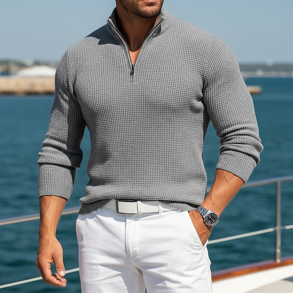 Voor heren Wafel Poloshirts Met Textuur Casual Buiten Kwart ritssluiting Lange mouw Modieus Modern Effen Kleur Effen Gebreid Herfst winter Zomer Lente Strak Donker Bruin Wit Wijn Marineblauw 2026 - $20.99 –P8