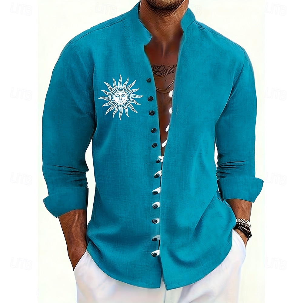Homme Soleil Ethnique Culture indienne Chemise Chemise à col montant manche longue Vintage Rétro Occasionnel Vacances Printemps Automne Col mandarin Band Collar Boutonné Chemise en lin Bleu Jaune de 2026 ? $11.49 –P1
